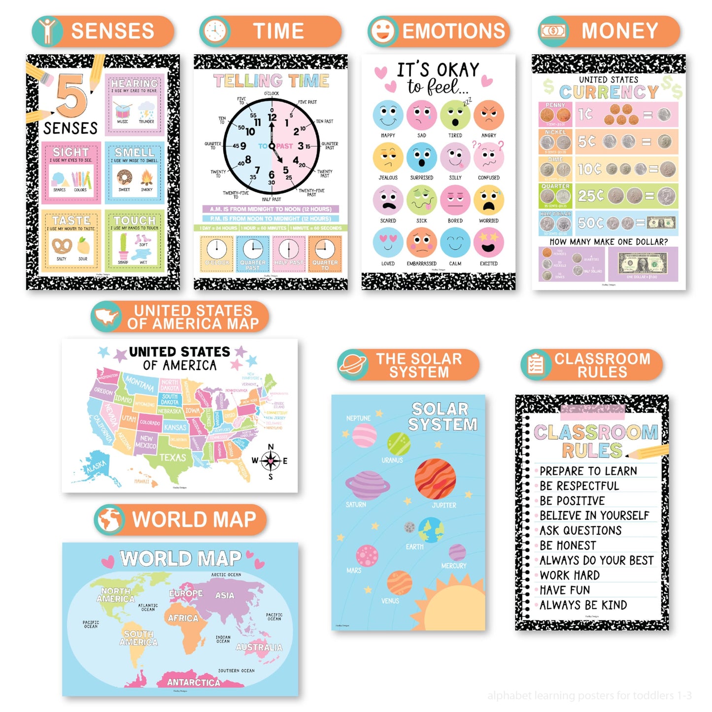 Hadley Designs 16 Educational Posters for Classroom Must Haves - Laminated Pre-K Posters for Toddler Homeschool Essentials, Toddler & Preschool Learning Activities, Kindergarten Classroom Decor