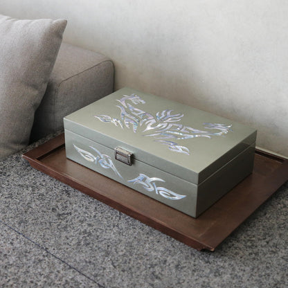 MADDesign Mother of Pearl Watch Box Jewelry Organizer Daily Storage Handmade Tribal Dragon Design (Metallic Silver)
