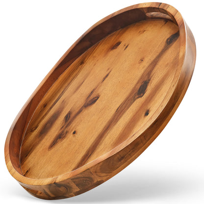TIDITA Acacia Wood Ottoman Tray with Handles - 20" x 15" Round - Large Oval Serving Trays for Living Room -Wooden Trays for Decorative for Kitchen Counter, Coffee Table, Breakfast in Bed (Acacia)