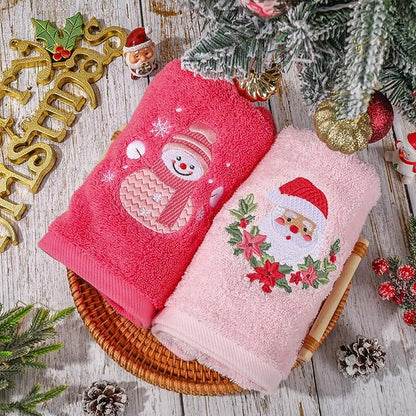 3Pcs Christmas Pink Hand Towel Set Cotton Xmas Tree Santa Snowman Bathroom