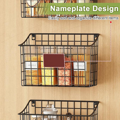 Wall Basket with Label Plate & 5 S-Hooks –4 Pack Hanging Wire Basket