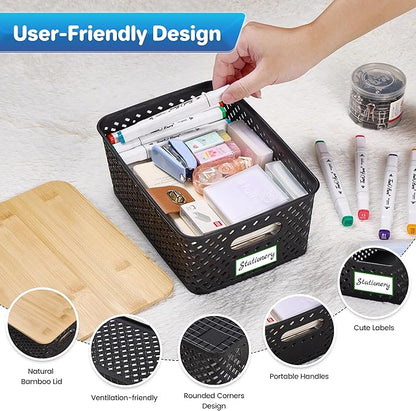 Anysig 8 Packs Plastic Storage Bins with Bamboo Lids - Stackable Storage Bins Decorative Small Basket Containers for Organizing Shelves Office Classroom Desktop Closet, Black
