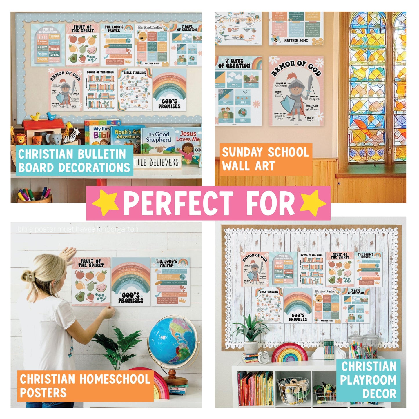 Hadley Designs Sunday School Decorations for Classroom –9 Bible Posters for Kids, Books of the Bible, 10 Commandments, Bible Timeline Chart, Fruits of the Spirit, Retro Christian Classroom Decor