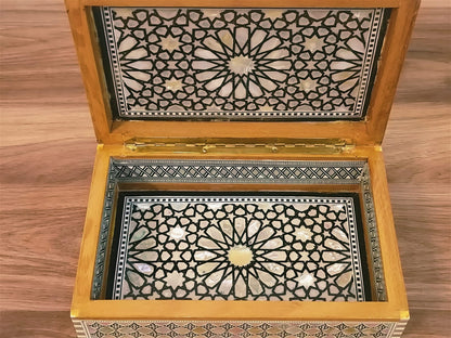 FAMA.store Handmade Egyptian Jewelry Box – Mother of Pearl Inlay – Decorative Wooden Trinket Box for Women Oriental Keepsake Storage Organizer (8.8" x 5.8" x 2.8"inch M05)