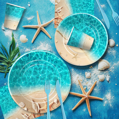 Srua Don Beach Party Decorations, Ocean Seashell Party Supplies, Plate, Cup, Napkin, Tablecloth, Cutlery, Banner, Ocean Beach Table Decorations For Birthday Baby Shower Wedding, Serves 24