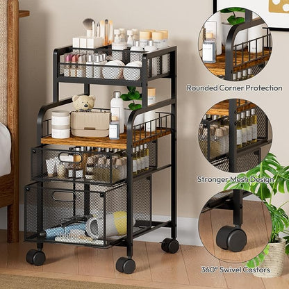 SWTYMIKI Rolling Cart with Drawers - Metal Craft Cart with Wheels, DIY Divider and Wood Shelf, Art Supply Organizer for Under Desk Storage, Utility Storage Cart for Home Office Studio, Espresso
