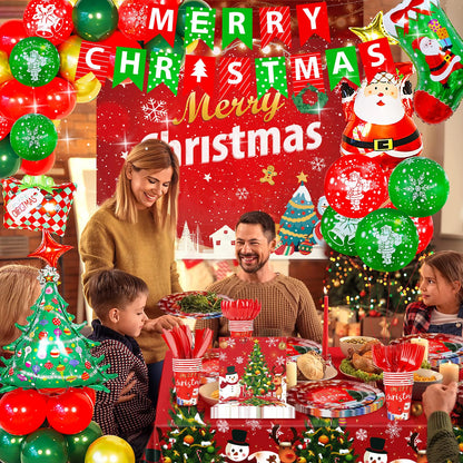 Christmas Party Decorations Xmas Party Supplies Serves for 25-Balloon, Banner, tablecloth, Backdrop, Disposable Paper Plate, Cup, Napkins, Knife, Fork, Spoon