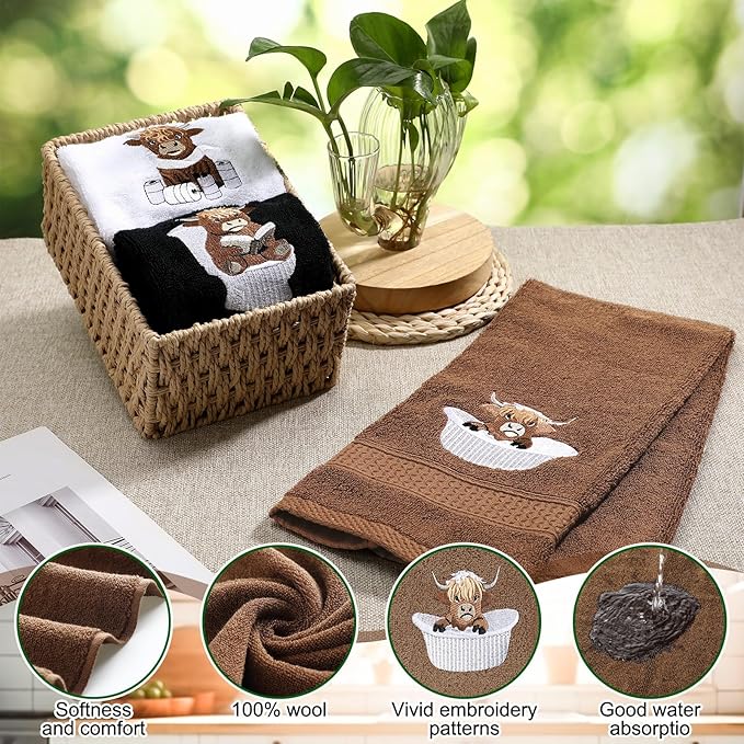 3 Pcs Highland Cow Hand Towels for Bathroom Embroidered Bathroom Towels
