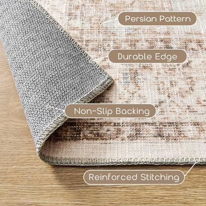 BILEEHOME Boho Neutral Living Room Rug 5x7,Washable Vintage Rustic Earth Tone Modern Farmhouse Persian Area Rugs for Dining Room Bedroom, Light Tan Brown Beige with Rust Terracotta Pattern