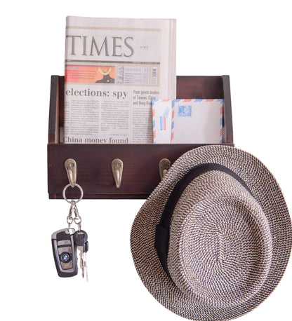Flintar Wall Mount Key and Mail Holder with 4 Hooks. Made in Taiwan, Solid Wood. Use as Key Rack, Entryway or Mudroom Organizer, Mail & Bill Sorter, Magazine Holder (Walnut)