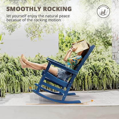 LUE BONA Outdoor Rocking Chairs Set of 2, Weather Resistant Poly Plastic Rocker Chairs, 350lb Heavy Duty, Oversized Porch Rocker for Adult, High Back Smooth Rocking Chairs for Outdoor & Indoor, Blue