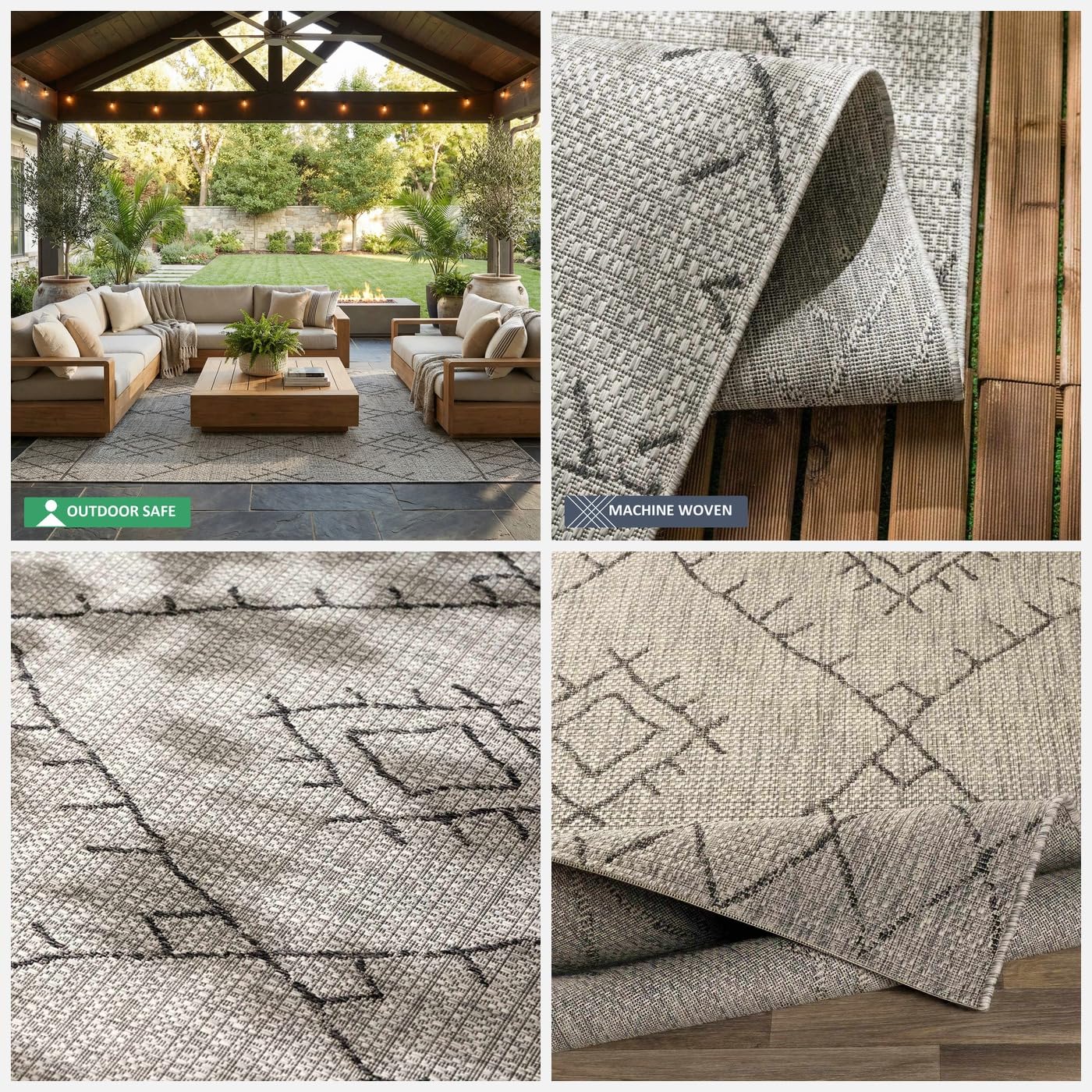 BoutiqueRugs Indoor/Outdoor Black Diamond 12ft Runner Rug Bohemian Taupe White Charcoal Tribal Trellis Marwood Hallway Kitchen Corridor Stairway Laundry Room 2'7" x 12' Stain Resistant Non-Shedding