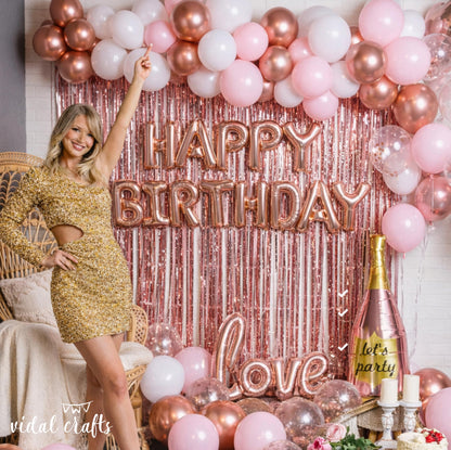 VIDAL CRAFTS 71-Piece Rose Gold Birthday Decorations for Women - Party Backdrop with Latex, Foil & Confetti Balloons, Happy Birthday Decorations Banner & Rose Gold Foil Fringe Curtains