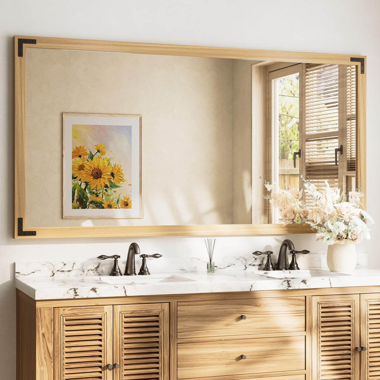 TETOTE 72 x 36 Natural Wood Mirror for Bathroom Wall/Bedroom/Living Room/Entryway Farmhouse Rustic Bathroom Vanity Mirror for Over Sink Waterproof (Horizontal/Vertical Mounted)