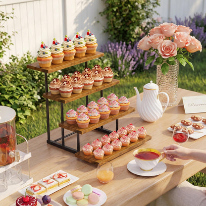 Emfogo Wooden Cupcake Display Stand, 4 Tier Rectangular Tiered Dessert Stands, Cupcake Display Risers for Vendor Booth Dessert Table Party Wood Serving Tray for Cup Cake Cookie Food (1 Pack)