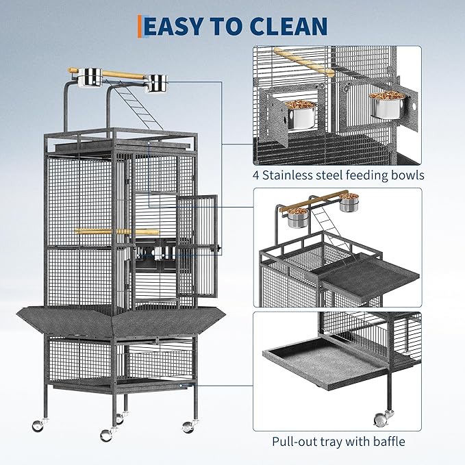 61 Inch Large Bird Flight Cage Rolling Parrot Cage with Storage Shelf for Mid-Sized Birds, Macaw Cockatiels Conures Parakeets Budgie Finch