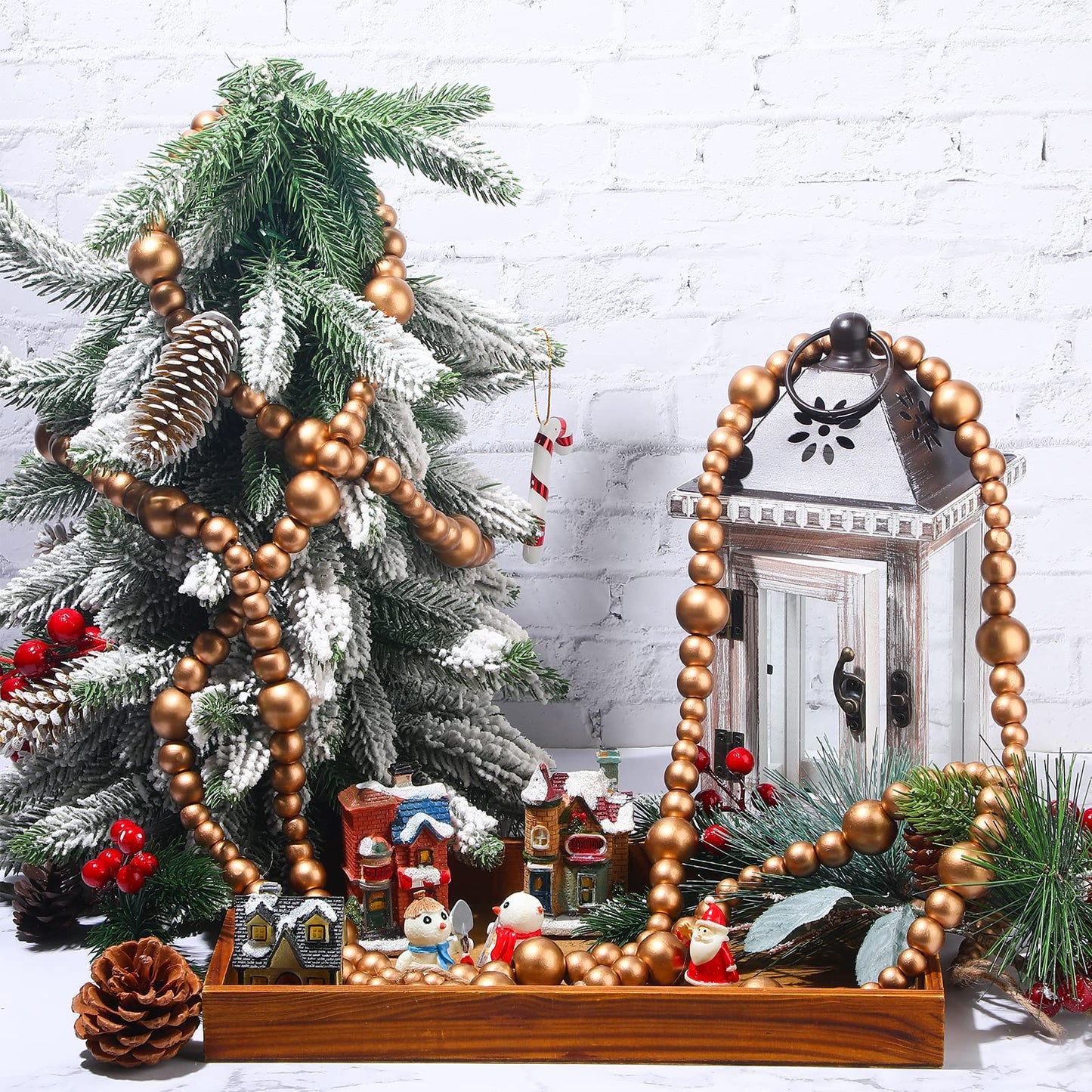 Boao 20 Feet Christmas Wooden Beads Garland Gold Christmas Tree Garland Wall Hanging Prayer Beads for Holiday Home Rustic Farmhouse Natural Boho Decor
