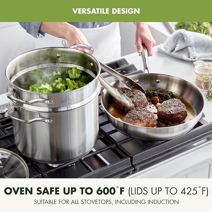 GreenPan Stainless Steel Cookware Set, 11 Piece, Induction Cookware, Dishwasher Safe, Oven Safe to 600F, Large 8QT Stock Pot, Sauce, Saute, Frying Pans, Pots & Pans Kitchen Essentials, Silver