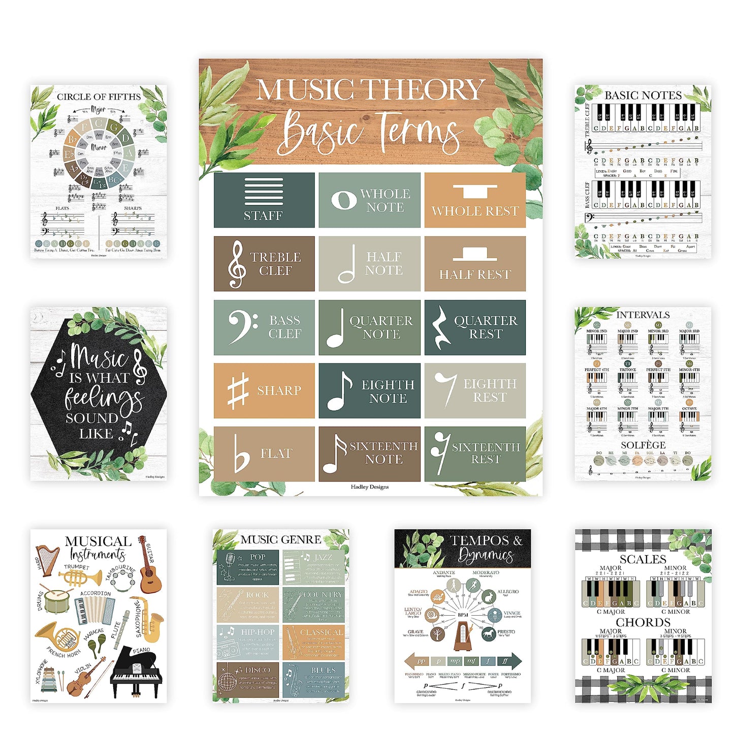 Hadley Designs Music Classroom Decor –9 Music Classroom Posters Elementary, Choir & Solfege Posters, Solfege Hand Signs & Musical Instruments Bulletin Board Decorations, Farmhouse Teacher Must Haves