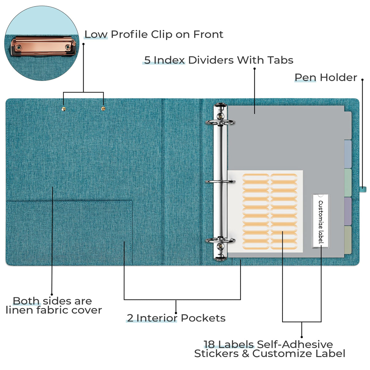 EYROZILL 3 Ring Binder 2 Inch, Binder for Letter Size (11" x 8.5") with 5 Tab Dividers, File Folder Labels and Low Profile Clipboards, Aqua Blue