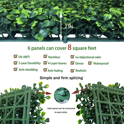 ODTORY Artificial Grass Wall Panels:16" X 12" 6P (8 sqft) UV-Anti Greenery Boxwood Backdrop for Indoor Outdoor Green Wall Decor & Ivy Fence Covering Privacy