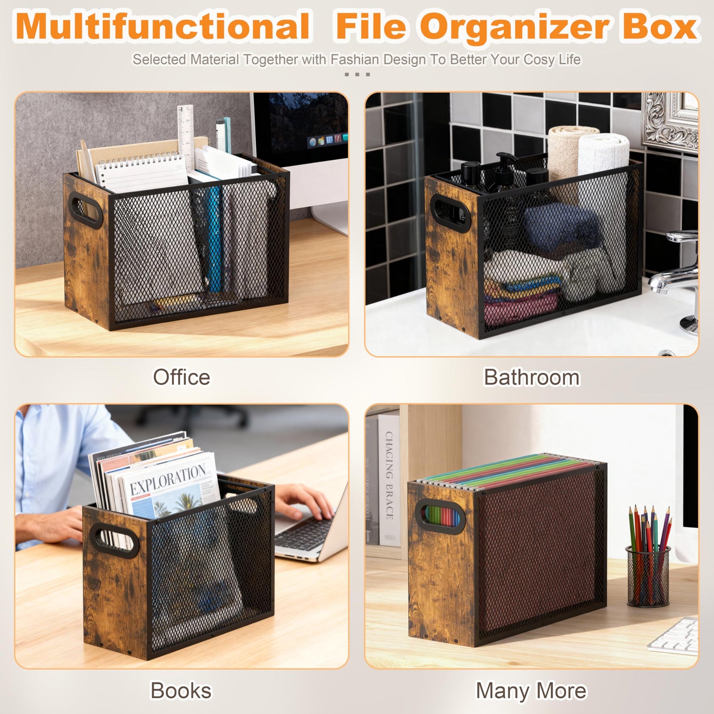 Piskyet Wooden Hanging File Organizer for desk, Metal Mesh File Folder Organizer Crate Cabinet Storage Box with Handle for Home Office Desk,Letter - Size,Rustic Brown