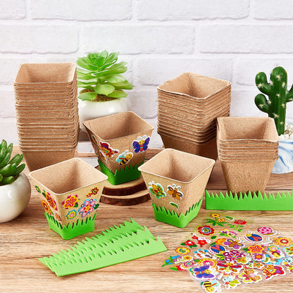 Gueevin 100 Pack Garden Paper Pot Craft Kit Flower Plant Spring Craft Including Peat Plant Pots Adhesive Foam Stickers Pot Stickers EVA Grass for Adults DIY Flower Planting Growing, Square