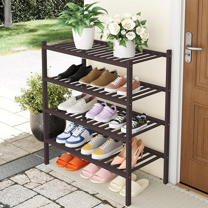 Smiry Bamboo Shoe Rack, 4 Tier Free Standing Wooden Shoe Organizer, Stackable Wood Shoe Storage Shelf for Closet, Entryway, 14 Vertical Slats, 2+2 Stack Heavy-Duty Legs, 26.8"x11"x26", Brown