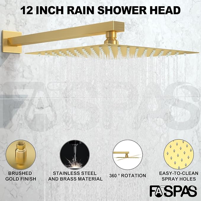 Brushed Gold Shower System with 12-Inch Rain Showerhead and Tub Spout | cUPC-certified pressure balance brass valve to prevent scalding, CEC-certified air injection technology for low pressure