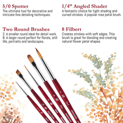 Princeton Velvetouch Series 3950 - 5pc Professional Paint Brushes for Acrylic Painting - Oil, Watercolor & Acrylic Paint Brushes Set - Spotter 5/0, Angle Shader ¼”, Round 8, Filbert 8, Round 2