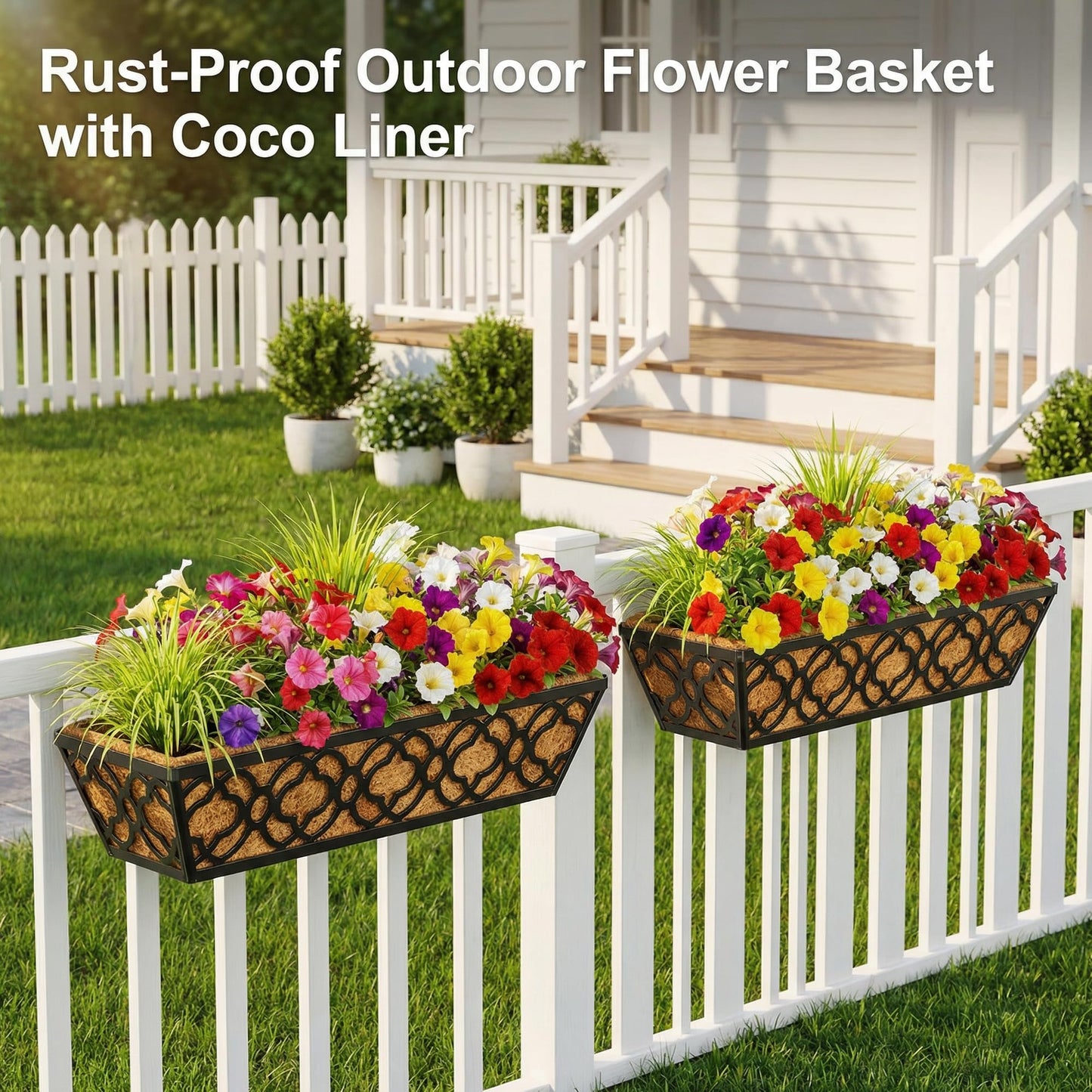 HFHOME 4 Pcs 30" Window Box Deck Railing Planter Box with Horse Trough Coco Liners, Black Metal Hanging Flower Planters Baskets for Indoor, Outdoor, Balcony, Porch, Fence, Patio, and Lawn