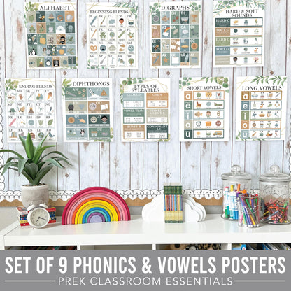Hadley Designs Phonics Posters for Classroom Must Haves - 9 Sound Wall for Kindergarten & Elementary Teacher Supplies, Syllable, Vowels, Digraphs & Blends Bulletin Board Set, Greenery Classrom Decor