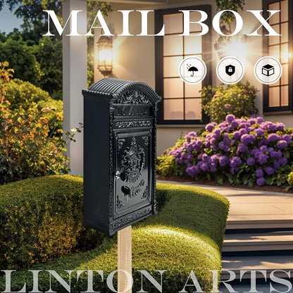 Vintage Mailboxes for Outside – Large Lockable Outdoor Mailbox, Weatherproof Metal Mail Box for Outside House, Cast Aluminum Decorative Mailbox for House, Post Mount for Fence(12.28"x17.51"x3.62")