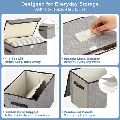 Bagnizer Large 17" 42 Quarts Collapsible Stackable Storage Bins with Lids [3-Pack] Foldable Fabric Linen Storage Boxes Cube, Closet Organizer Baskets with Label for Home (16.7 x 12 x 12, Gray)