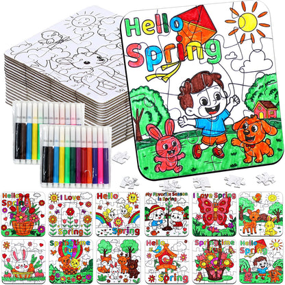 24Pcs Spring Crafts for Kids & Adults Bulk, Spring toddler Art and Craft DIY Puzzle Kits with Flower Butterfly Bee Bunny, Easter Jigsaw for School Classroom Activity April Party Favors & Gift Supplies