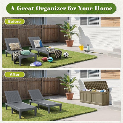 Flamaker Outdoor Storage Box 80 Gallon Resin Waterproof Deck Box Delivery Box with Wood Texture Large Storage Bin for Patio Cushions (Light Brown)
