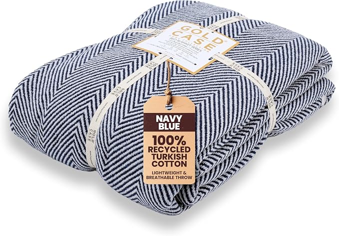 Gold Case Throw Blanket for Bed - 100% Recycled Turkish Cotton Blanket - Elegant Lightweight Soft Throw Blankets for Bed & Living Room - Queen Size Cozy Blankets - 90x90 - Navy Blue