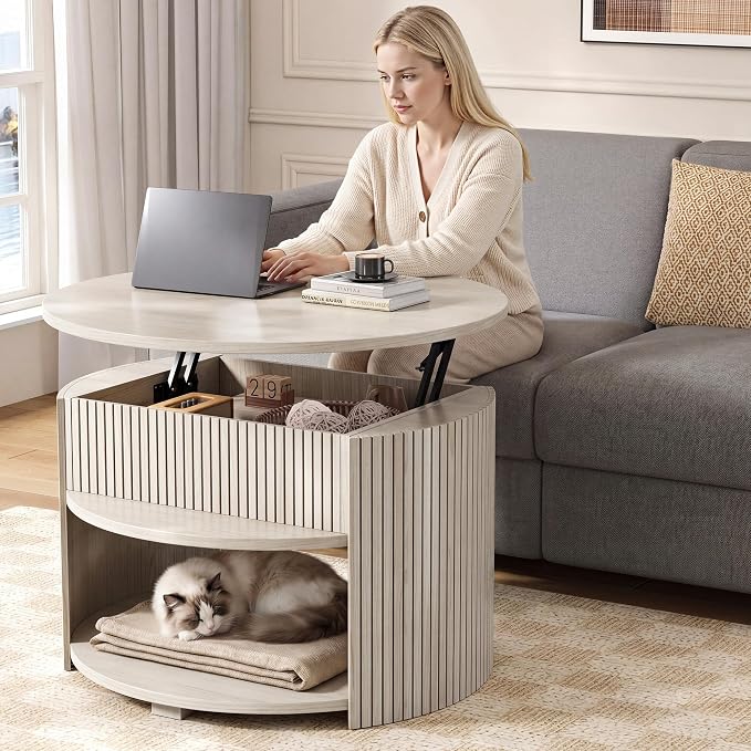 Round Lift Top Coffee Table with Storage, Fluted Mid-Century Modern Coffee Tables for Living Room, with Hidden Compartment & Open Shelves, for Small Spaces & Home Office(31.5" White Oak)