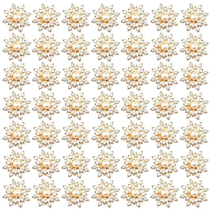 BETITETO 50Pcs Pearl Rhinestone Charms Flatback Flower Buttons Embellishments Bulk for DIY Shoe Sock Charms Bag Decoration Brooch Headbands Clothes Wedding Flower Bouquet Crafts (#1 KC Gold Alloy)