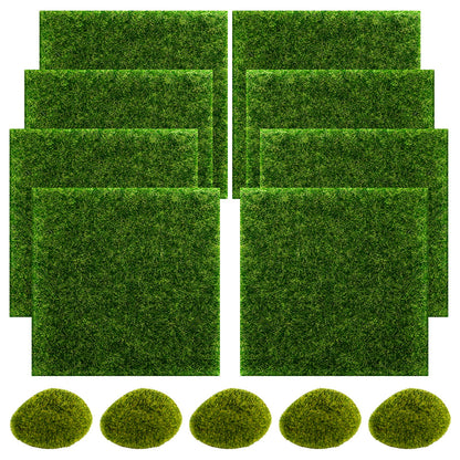 SNAIL GARDEN 13PCS Fairy Artificial Grass, 8Pack Life-Like Garden Lawn with 5Pcs Artificial Moss Rocks-Miniature Ornament Garden Fairy Accessories for DIY Decoration(6 x 6 Inch)