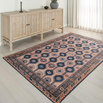 KNOTTING MATTERS Indiclay 5’ x 8’ Area Rug – Blush Pink & Deep Navy Heritage Flatweave, Low-Pile – Easy Clean Area Rug – Perfect for Living Room, Dining Room, Bedroom – Pet & Kid Friendly