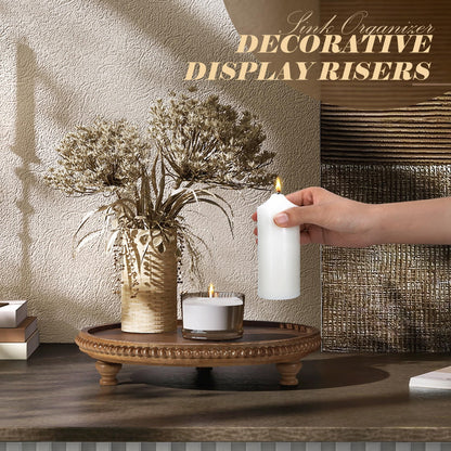 EOSAHR Round Pine Wooden Display Riser - Beaded Wood Riser for Plant, Sponge Holder & Perfume Organizer - Rustic Display Stand Kitchen Counter Organizer, Boho Chic Home Decor for Living Room(Brown)