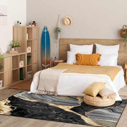 Black and Gold Area Rug 5x7 ft for Living Room Abstract Marble Large Non Slip Washable Rugs Ultra-Soft Low Pile Indoor Floor Mat Carpet for Bedrooms Playroom Office Kitchen (Black Gold, 5'x7')