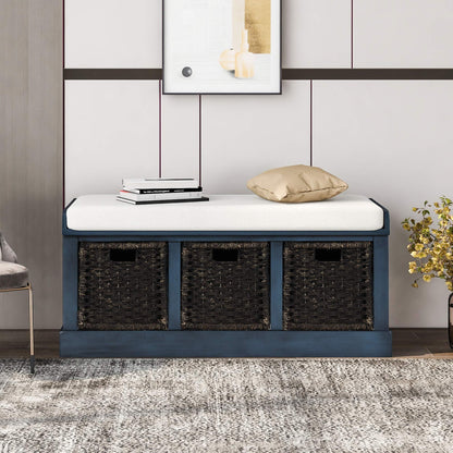 Ball & Cast 43.7" Wood Frame Entryway Storage Bench w/ 3 Movable Rattan Panel Drawers&Cushion, Rustic Shoe Rack Bedroom End of Bed Bench with Upholstered Seat, No Assembled Needed, Antique Navy