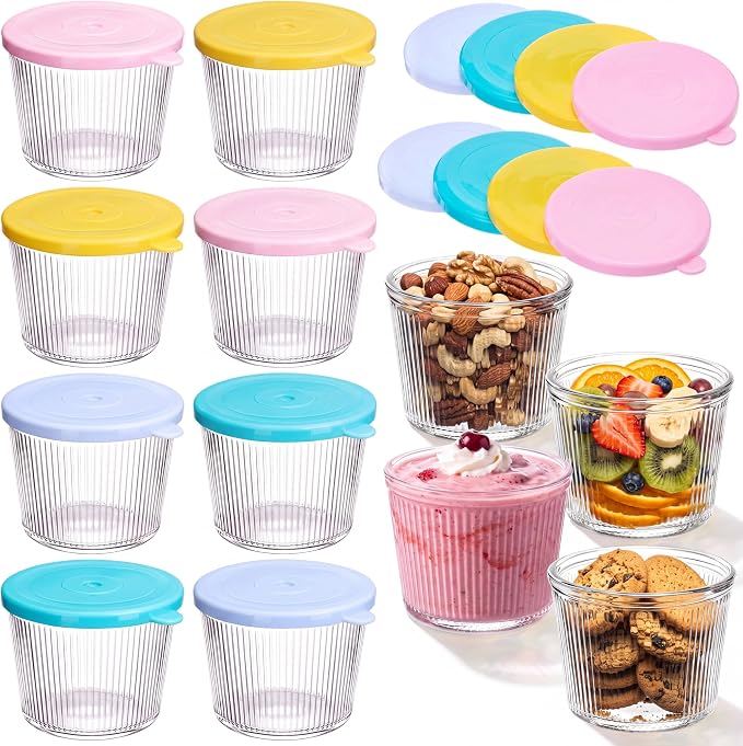 8 Sets Small Glass Bowls with Pastel Lids 6.8oz Ribbed Clear Glass Containers Stackable Dessert Custard Pudding Cups Condiment Bowls for Sauces Dips Nuts Oats Candy Dessert Cereal