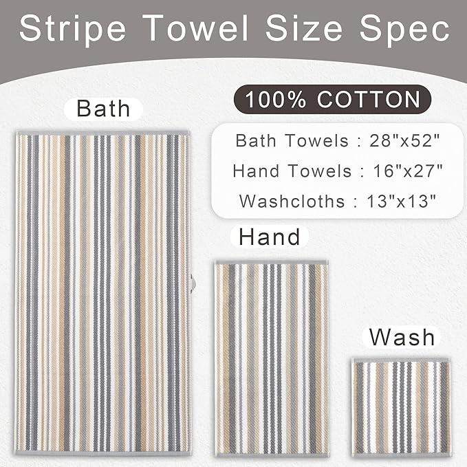 VOOVA & MOVAS Beige Striped Bath Towels, Bathroom Towels Set of 4, Tan Body