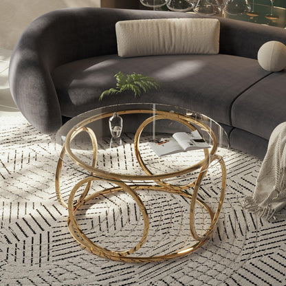 GDFStudio 31.5" Luxury Round Coffee Table with Circular Metal Frame, Tempered Glass Top Modern Coffee Table, Small Round Center Table for Living Room Small Space Office Lounge, Easy Assembly, Gold