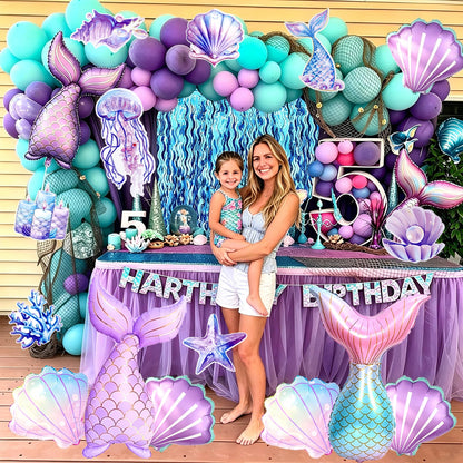 Mermaid Birthday Party Decorations, Under the Sea Party Supplies with Light Blue Wavy Tinsel Curtain, Happy Birthday Banner, Hanging Swirls,Shell Tail Foil Balloons for Girls Birthday