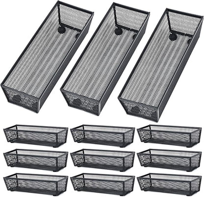 Neudeco Silverware Organizer, Black, 9 x 3 x 2 inch, Pack of 12 | Mesh Drawer Organizer, Metal Construction, For Kitchen Utensils & Flatware, Multi-Purpose Use