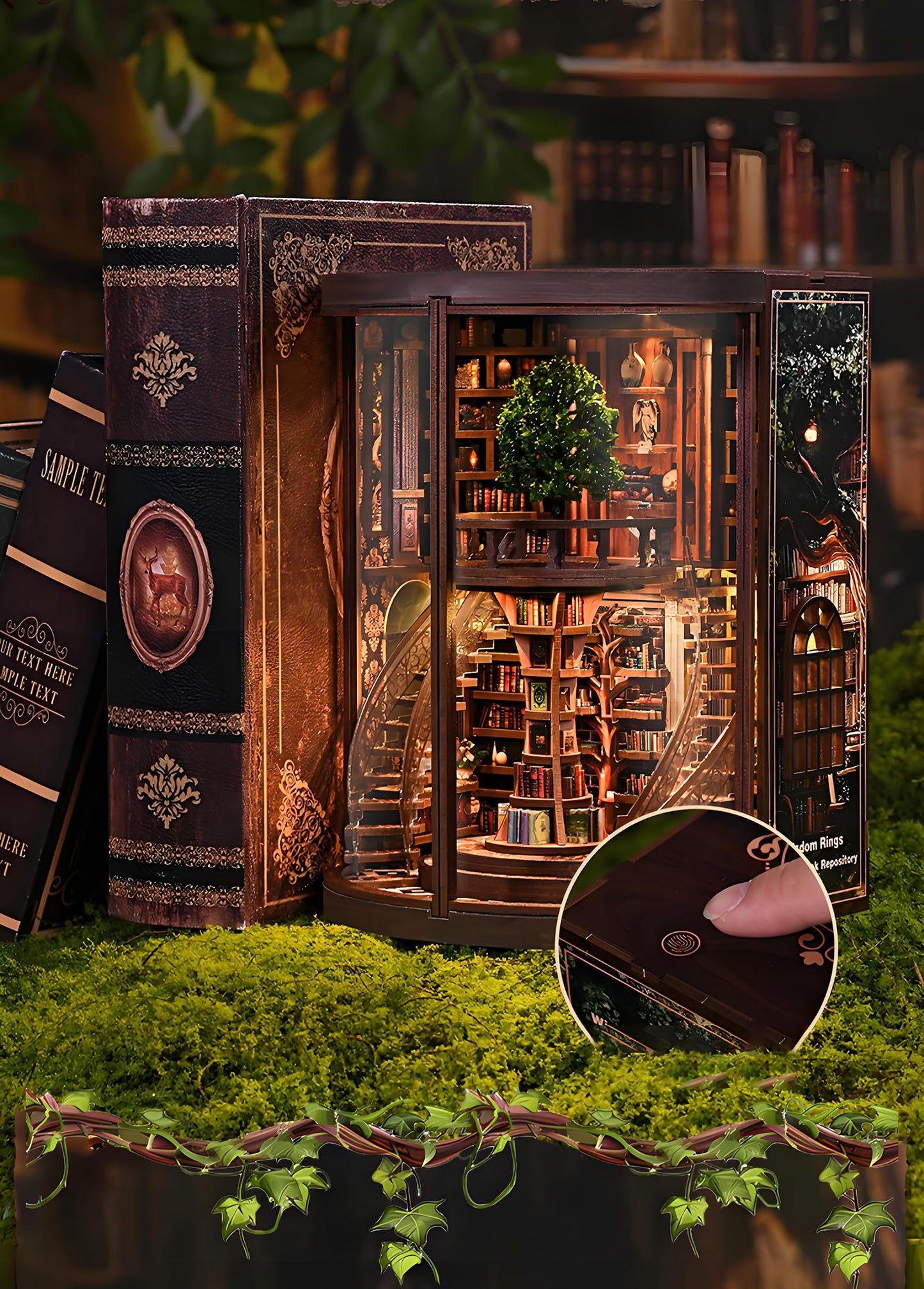 Ahilmrn Book Nook Kits for Adults Fantasy 3D Puzzle Library Booknook Kit with Dust Cover Wisdom Book Repository Round Bookshelf Decor Wooden DIY Spiral Staircase Miniature Dollhouse Book House